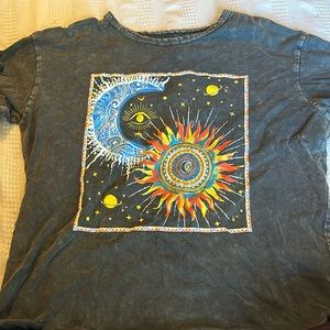 grey shirt with moon and sun.